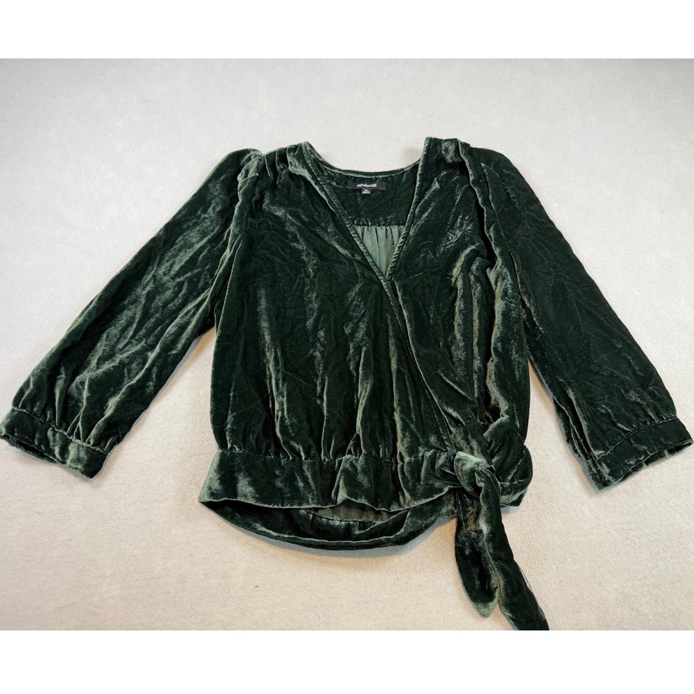 Madewell Velvet Wrap Top Dark Green V-Neck Side Tie Blouse XS